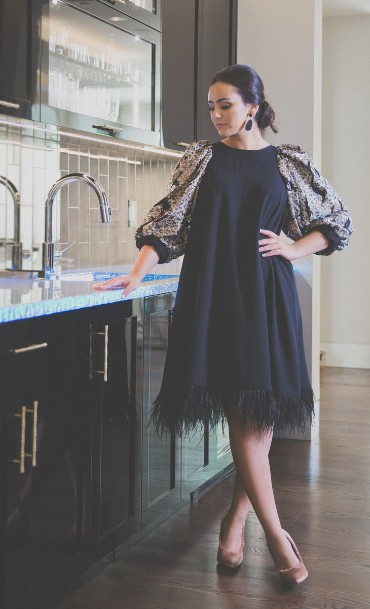 Balloon Sleeve Feather Cocktail Dress | Liylah