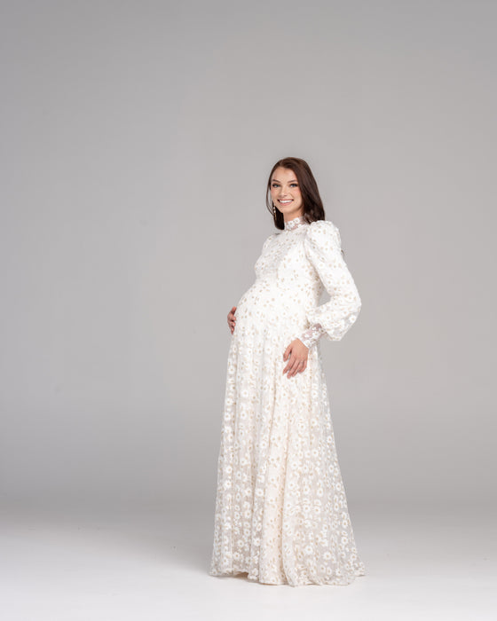 long sleeve white lace maternity dress White Long Sleeve Lace Maternity Wedding Dress with Scoop Neck