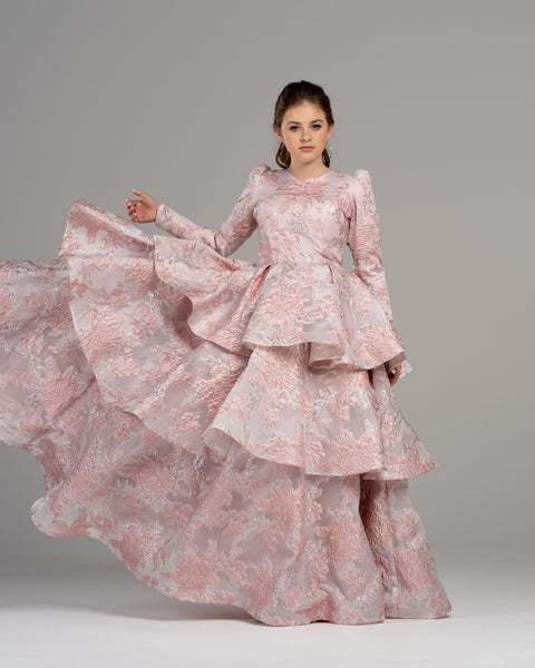 pink brocade dress Sherri Hill Strapless Ball Gown 57515 style 57515 boasts a rich texture and intricate pattern that catches the light with every movement The Virginia Dress in Light