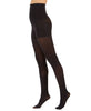 A woman wearing a pair of black Spanx tights, designed to provide a flattering and shaping fit. 