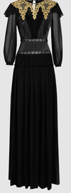black and gold modest tznius evening gown dress