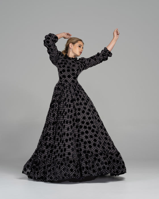 black velvet polka dot modest evening gown rental 