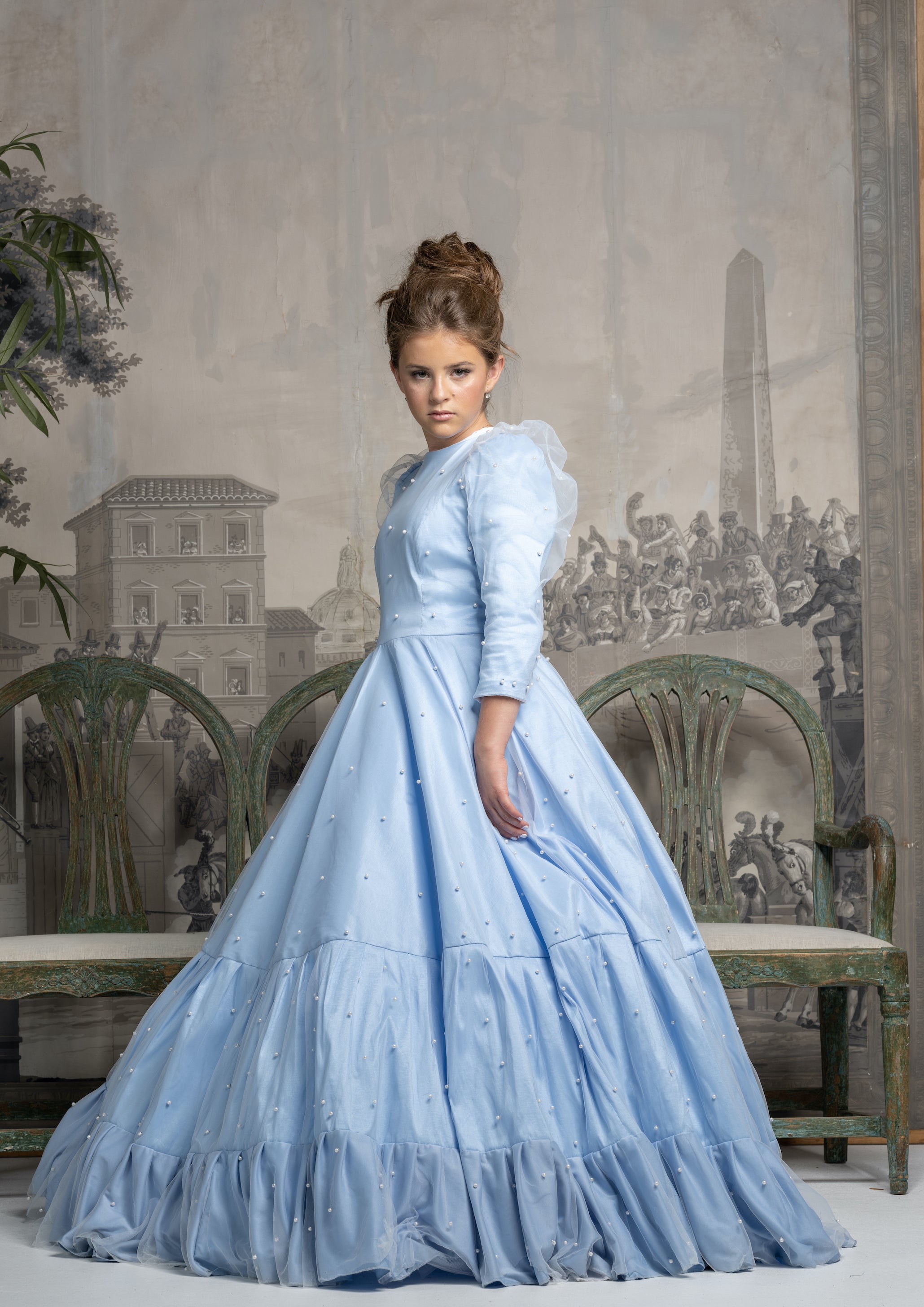 Tiered Pearl Gown | Liylah | Modest Gown Rental 4 / Powder Blue / Try On at Home Tiered Pearl Gown | Liylah | Modest Gown Rental 4 / Powder Blue / Try On at Home
