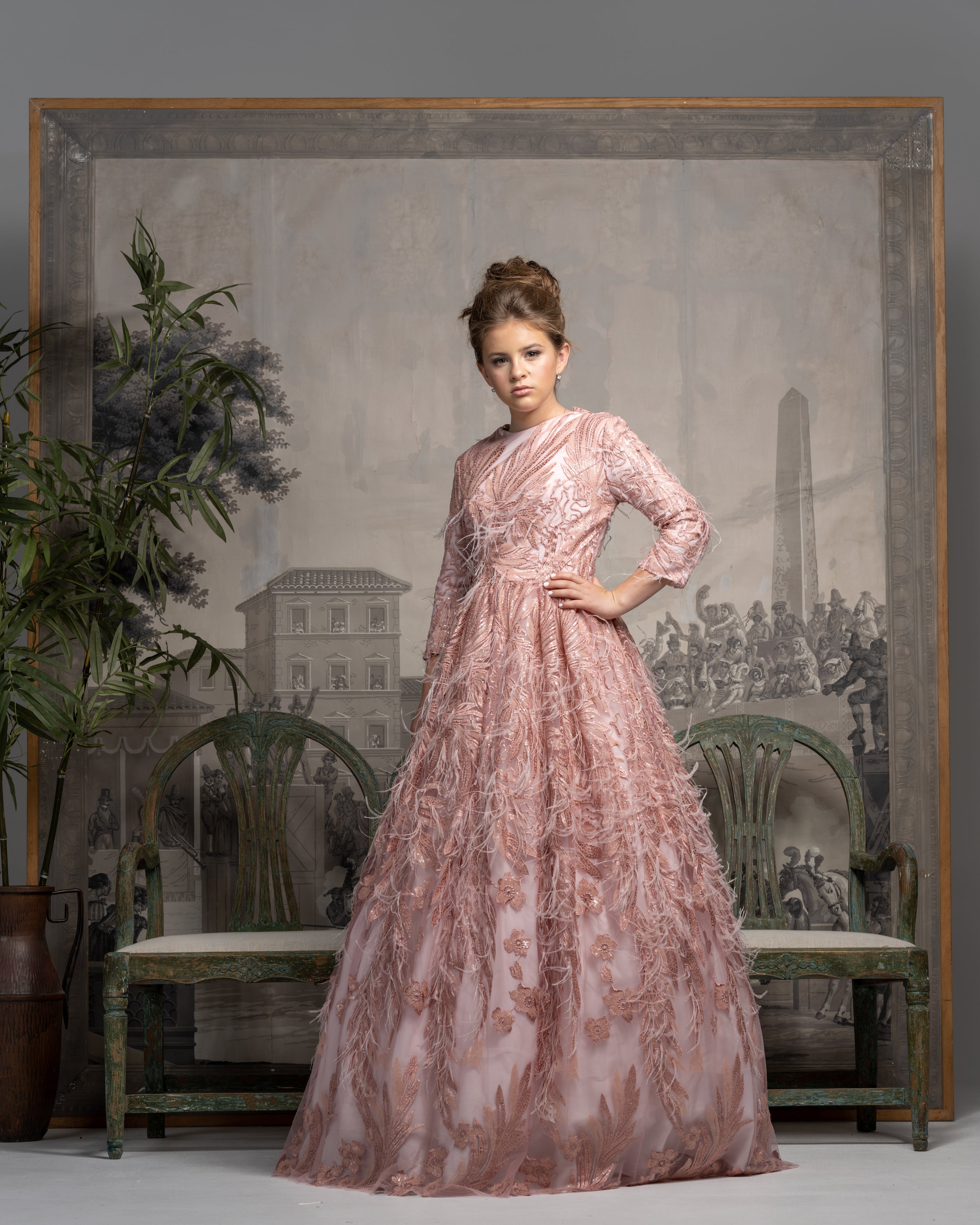 Spring Feather Ball Gown | Liylah | Modest Gown Rental 6 / Pink Spring Feather Ball Gown | Liylah | Modest Gown Rental 6 / Pink