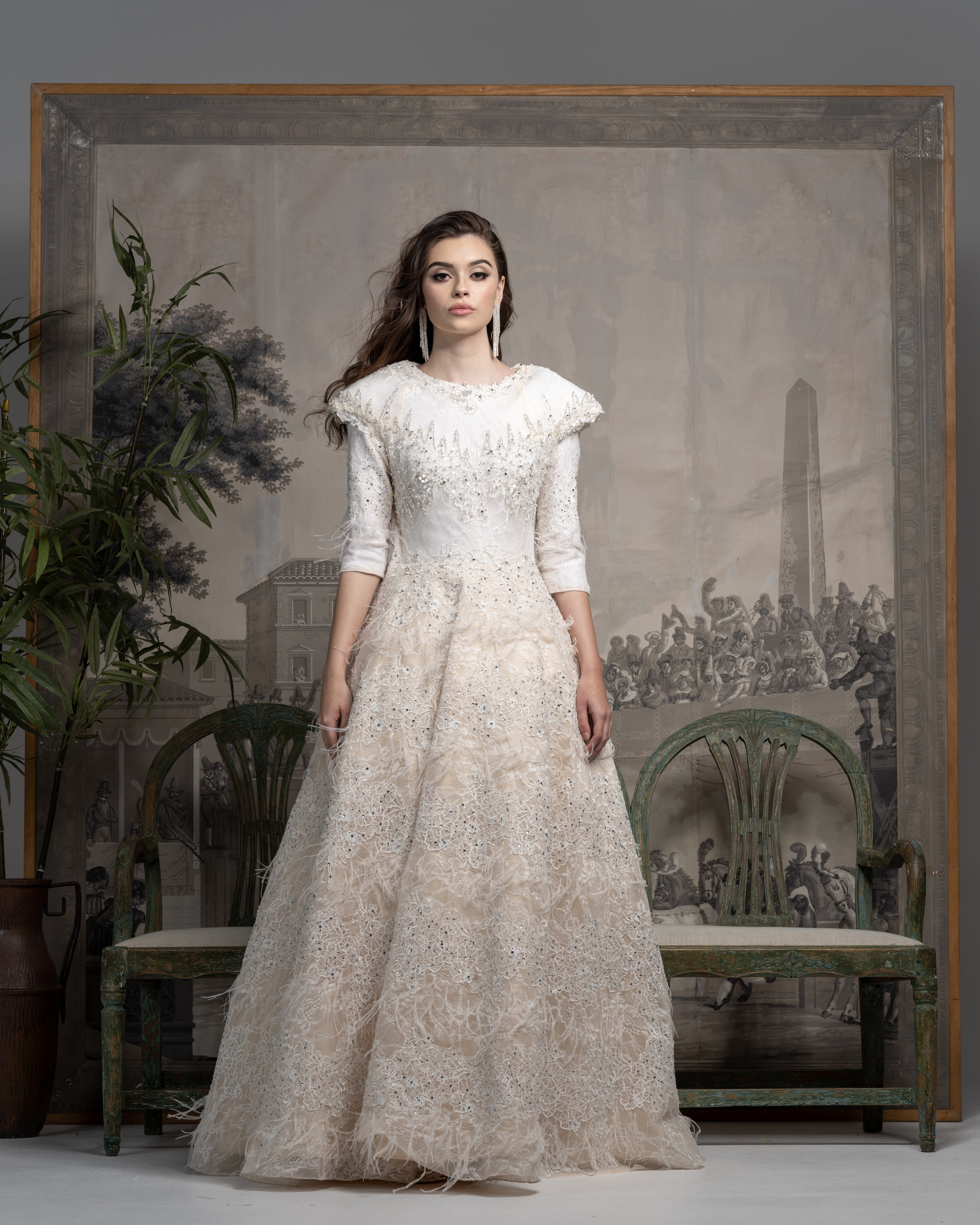 Frosted Champagne Ball Gown | Liylah | Modest Gown Rental Frosted Champagne Ball Gown | Liylah | Modest Gown Rental