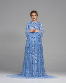  Blue beaded maternity modest evening gown