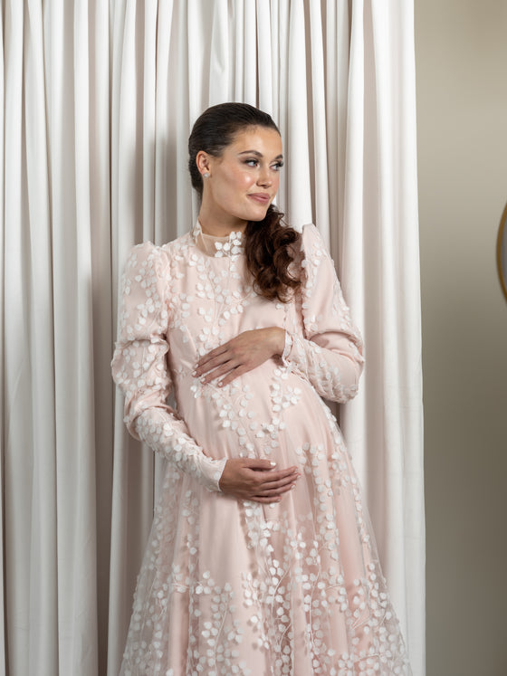 blush pink modest maternity gown 