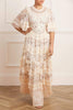 Modest tznius champagne floral Needle & Thread evening gown rental