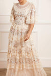 Modest tznius champagne floral Needle & Thread evening gown rental
