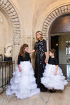 Black 3d floral top with white tulle bottom modest girls gown