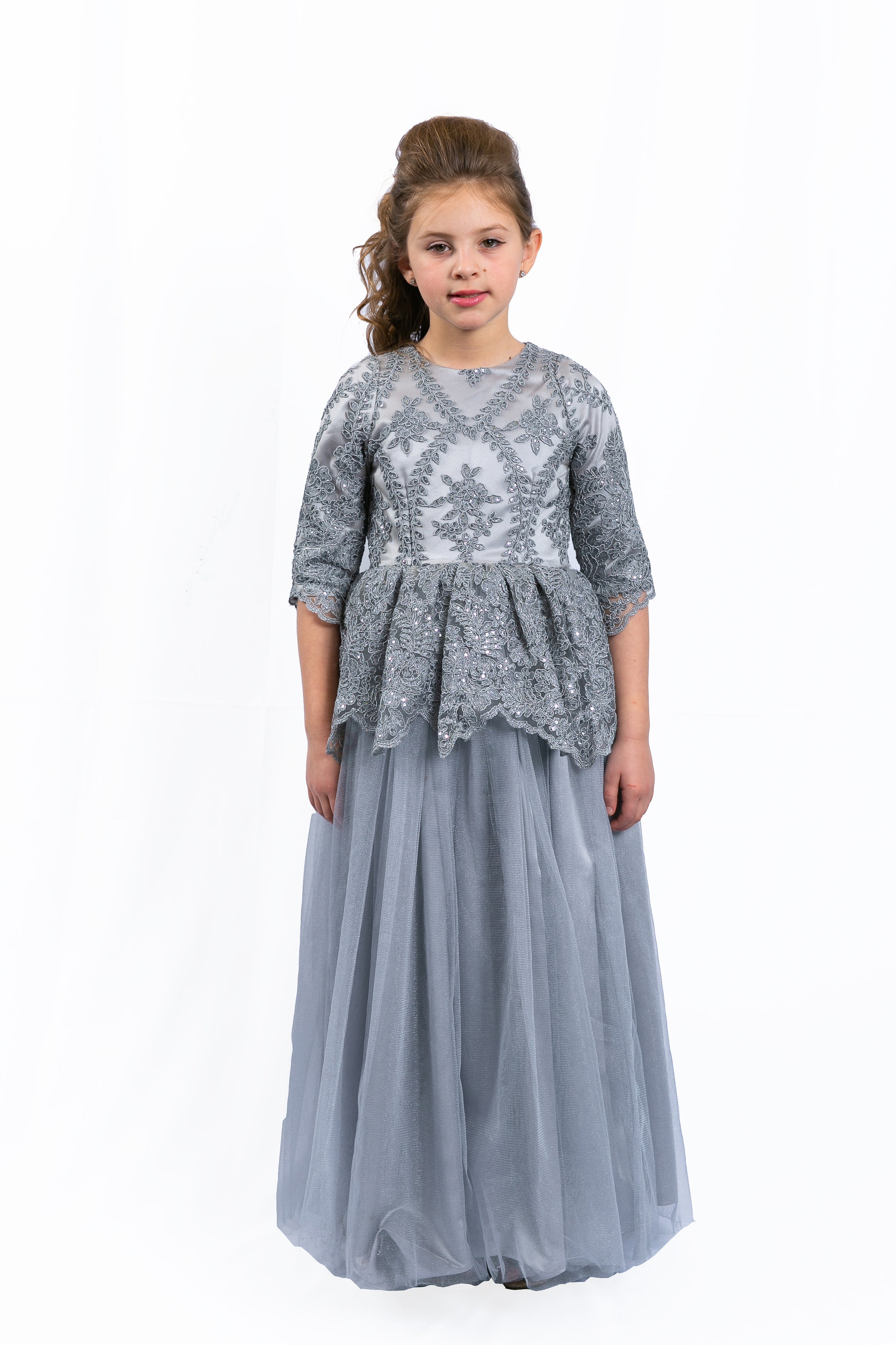 Silver Gray Peplum Girls Gown Girls 6 / Silver Silver Gray Peplum Girls Gown Girls 6 / Silver