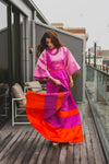 Fuchsia and orange modest gown with bell sleeves