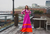 Fuchsia and orange modest gown with bell sleeves