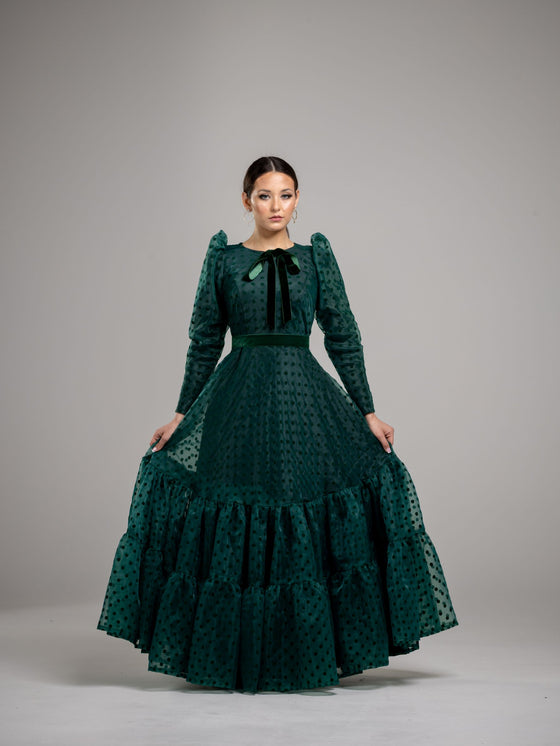 Tiered Velvet Dot Gown | Liylah | Modest Gown Rental 4 / Hunter / 12 Day Rental Tiered Velvet Dot Gown | Liylah | Modest Gown Rental 4 / Hunter / 12 Day Rental