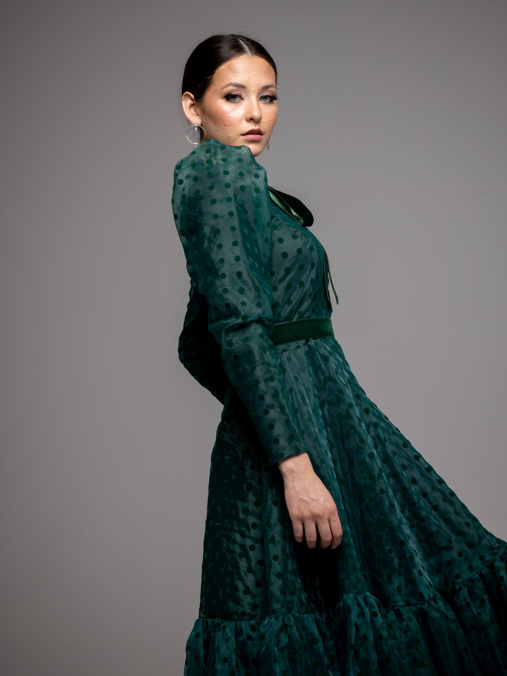 Tiered Velvet Dot Gown | Liylah | Modest Gown Rental 4 / Hunter / 12 Day Rental Tiered Velvet Dot Gown | Liylah | Modest Gown Rental 4 / Hunter / 12 Day Rental