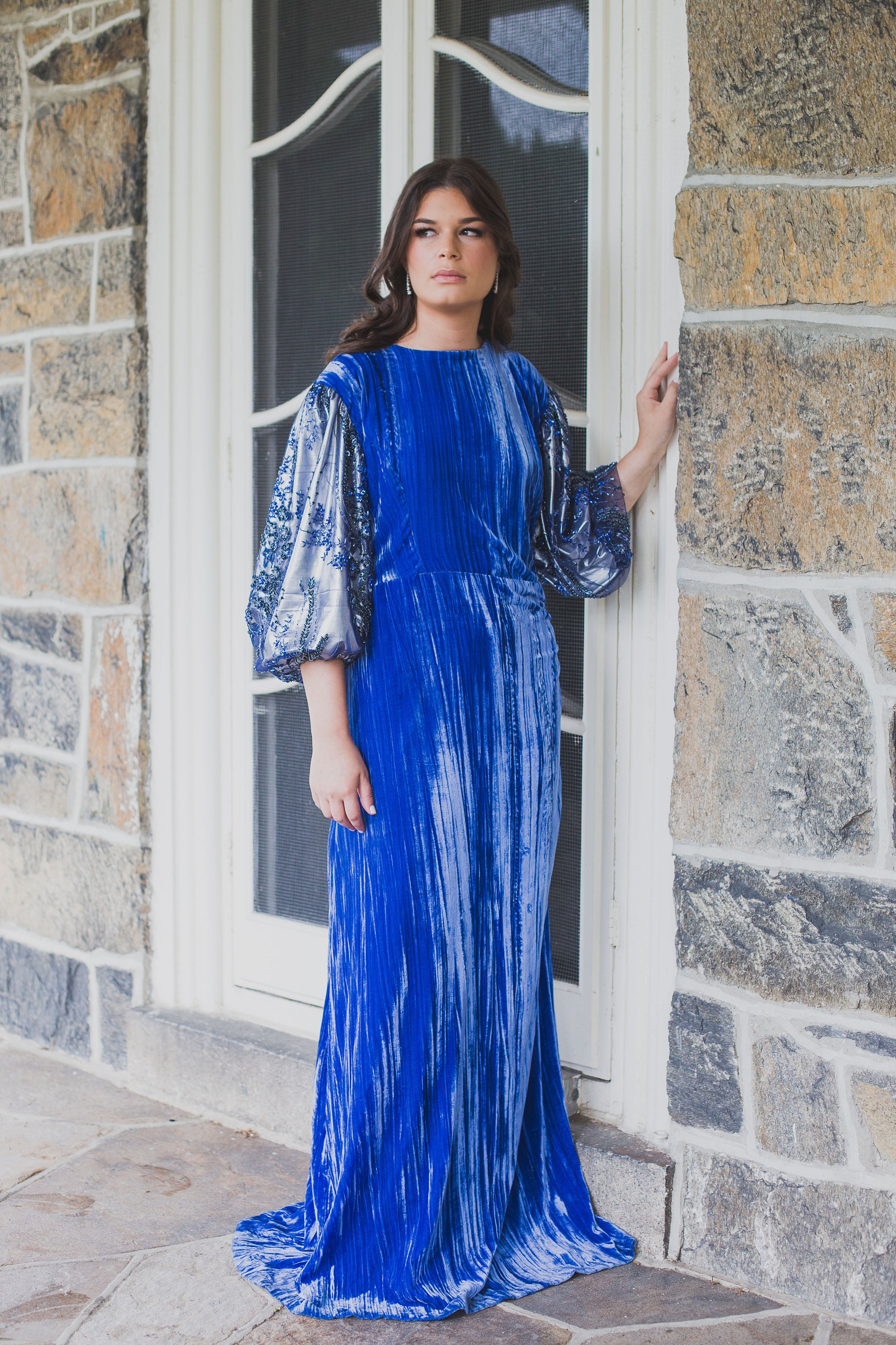 balloon dresses for women Crushed Velvet Balloon Sleeve Gown | Liylah