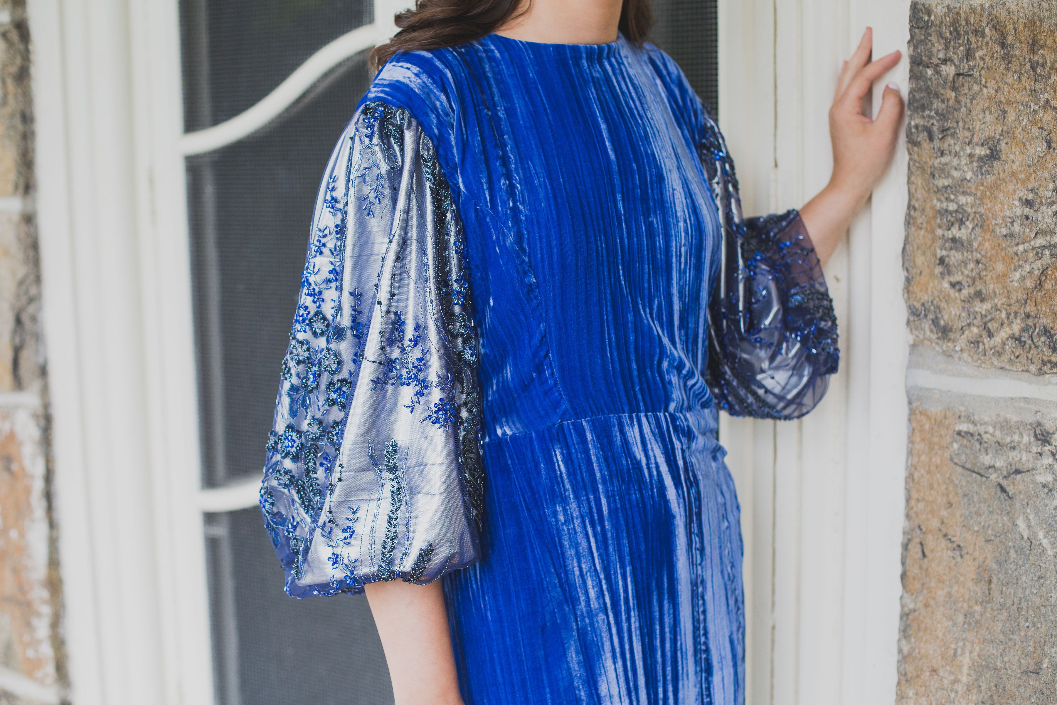 Crushed Velvet Balloon Sleeve Gown | Liylah | Modest Gown Rental 16 / Cobalt Crushed Velvet Balloon Sleeve Gown | Liylah | Modest Gown Rental 16 / Cobalt