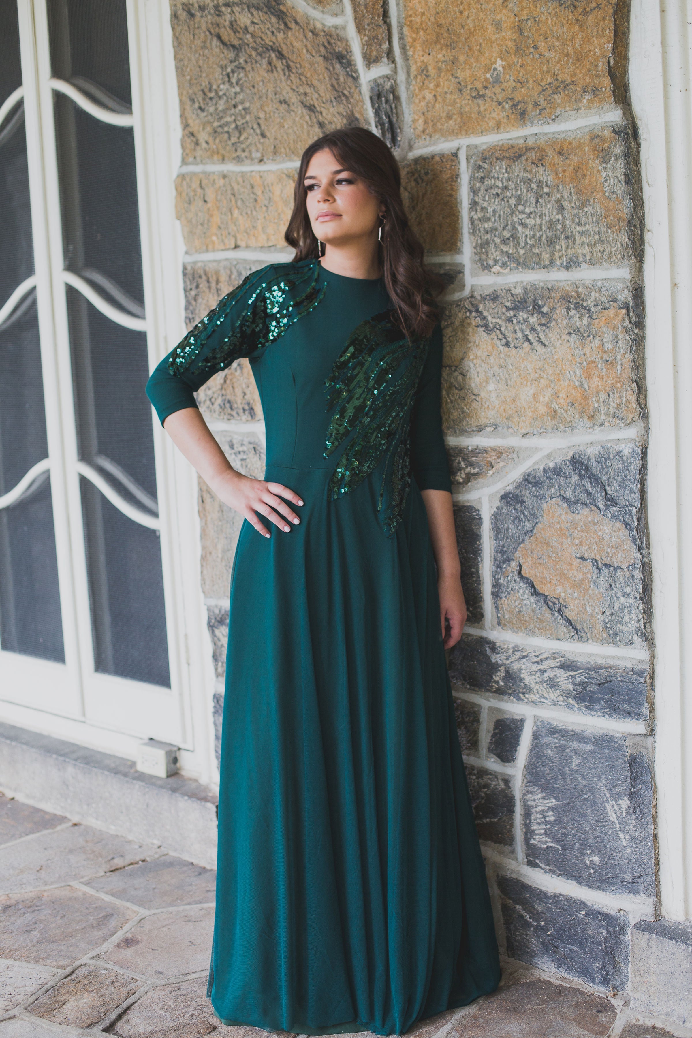 Palm Sequin Gown | Liylah | Modest Gown Rental 14 / Hunter Green Palm Sequin Gown | Liylah | Modest Gown Rental 14 / Hunter Green
