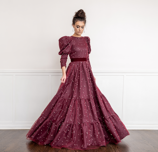 Pearled Merlot Gown | Liylah | Modest Gown Rental 8 / Burgundy / 12 Day Rental