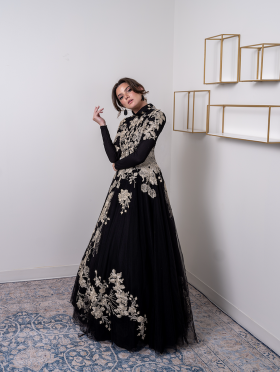 Black and gold floral modest tznius ball gown 