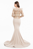 Terani Couture feather beaded modest mermaid gown 