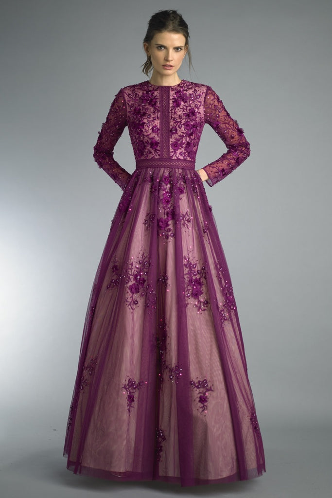 Berry floral modest ballgown 