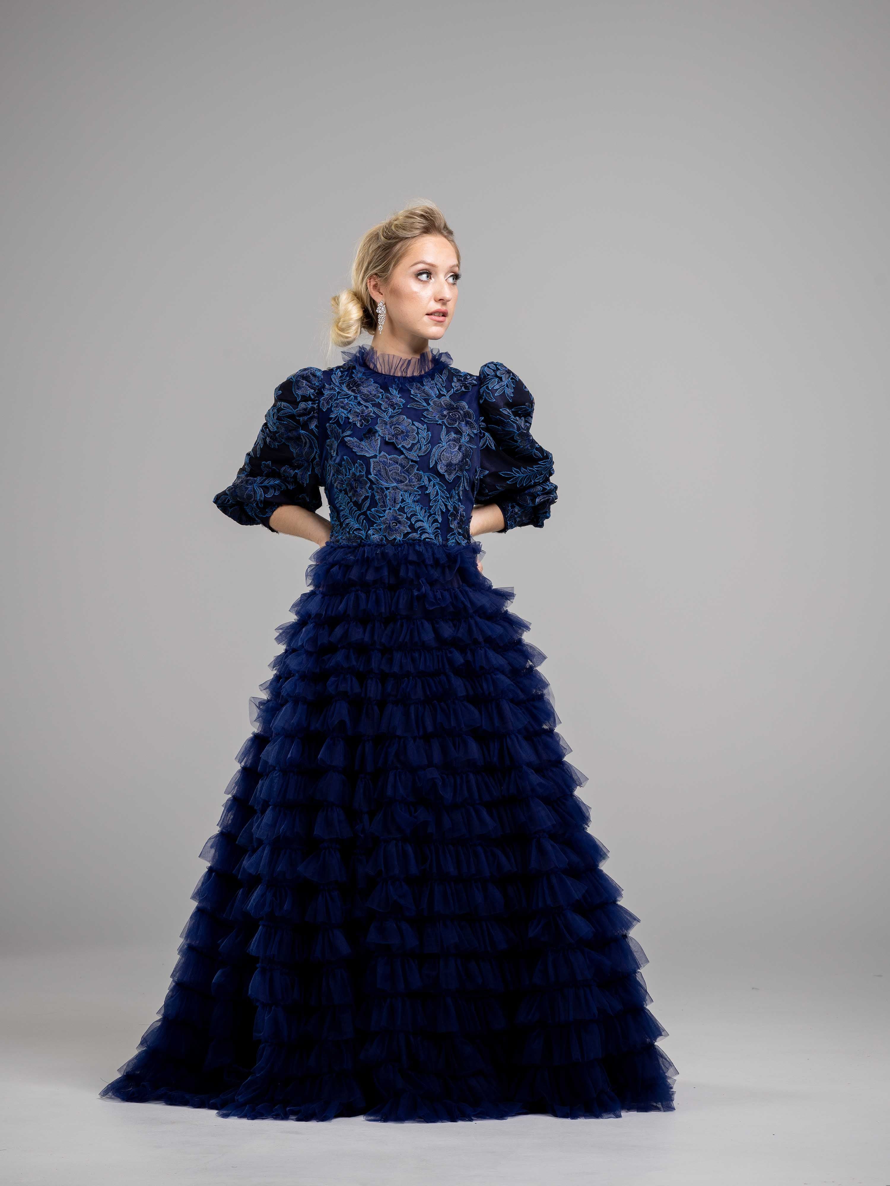 Navy Tiered Lace Floral Gown | Liylah | Modest Gown Rental Navy Tiered Lace Floral Gown | Liylah | Modest Gown Rental