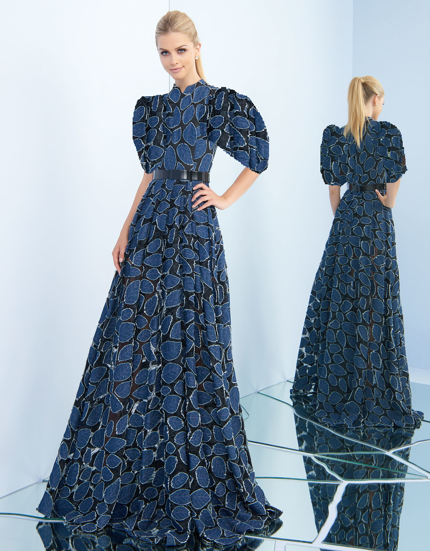 Denim top evening gown