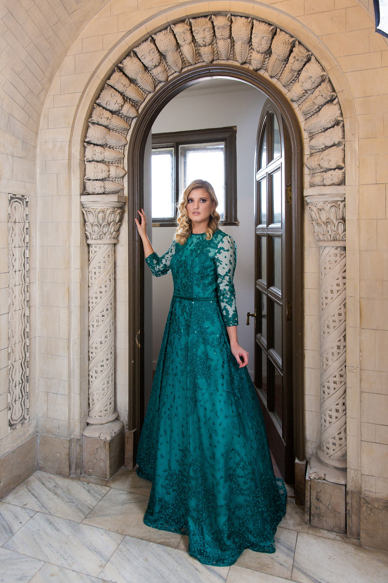 Green modest tznius ball gown 