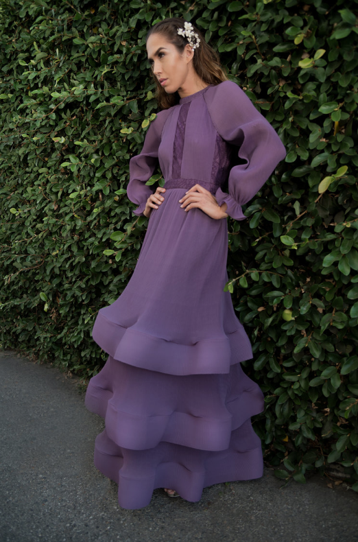 Miri Couture purple fluted bell sleeve modest gown 