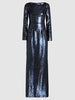 Dark blue sequin flip modest gown 