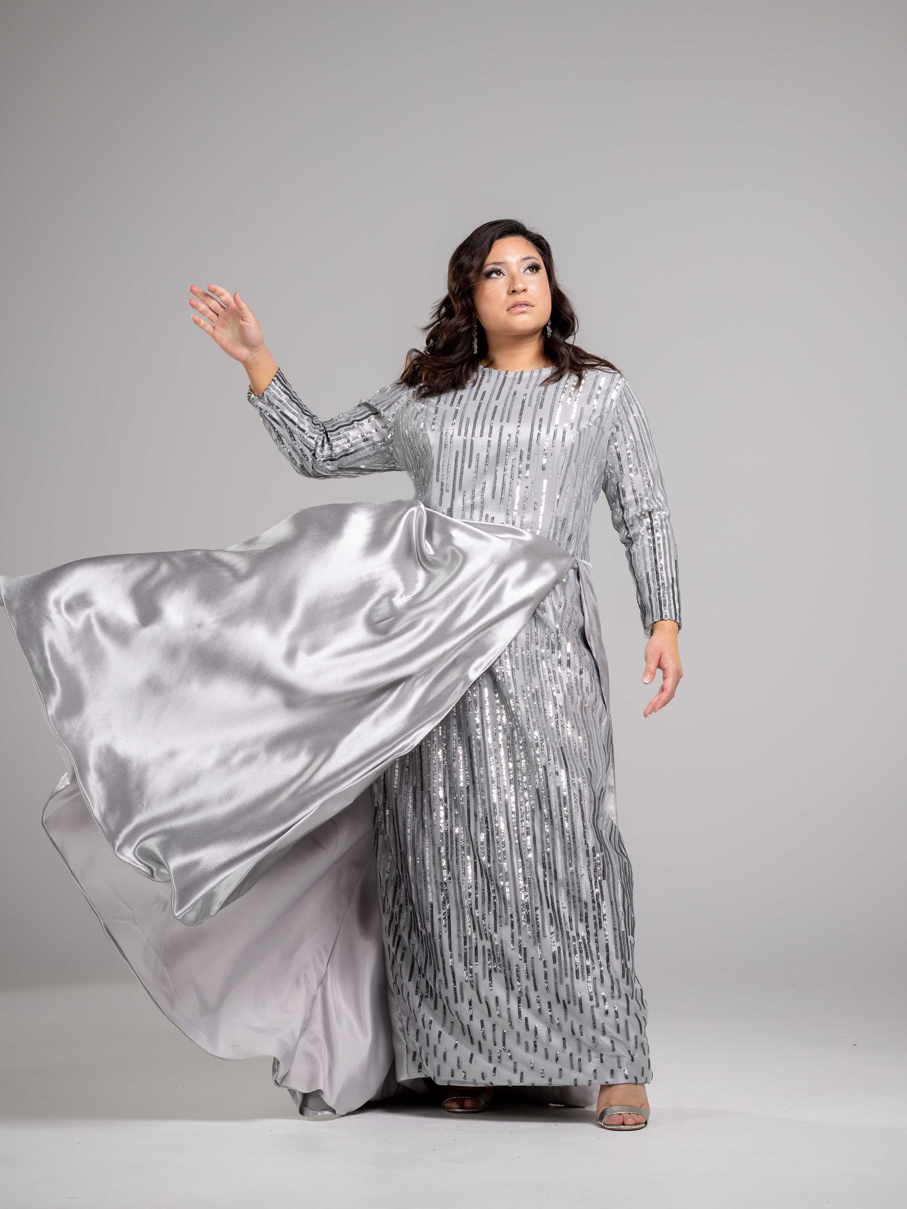 Silver Open Cape Gown | Liylah | Modest Gown Rental 16 / Silver Silver Open Cape Gown | Liylah | Modest Gown Rental 16 / Silver
