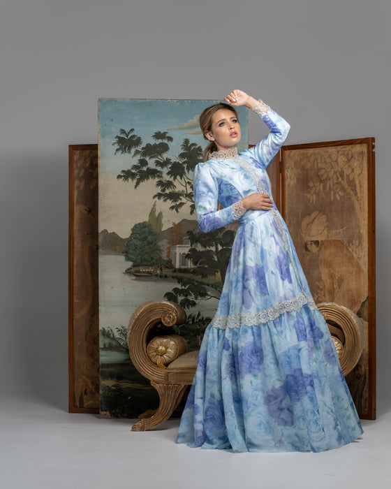 silk blue floral and lace modest evening gown rental 